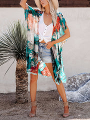 Floral Print Cover Up Shirt V Neck Loose Fit Short Sleeves Cardigan