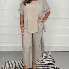 Casual Outfits Set Women's Plus Solid Top & Wide Leg Pants Set