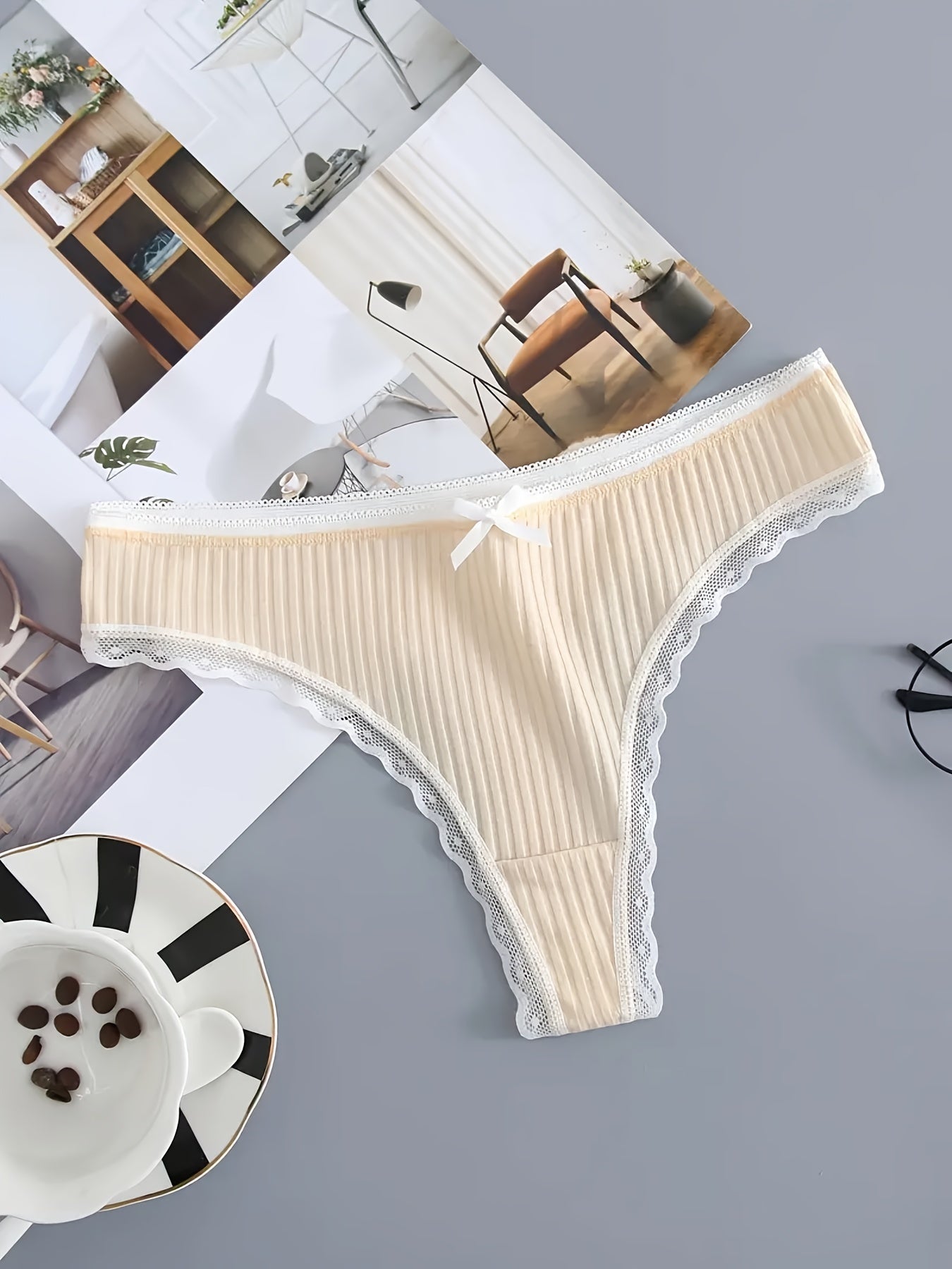5pcs Lace Trim Ribbed Thongs Soft & Comfy Intimates Panties Women's Lingerie