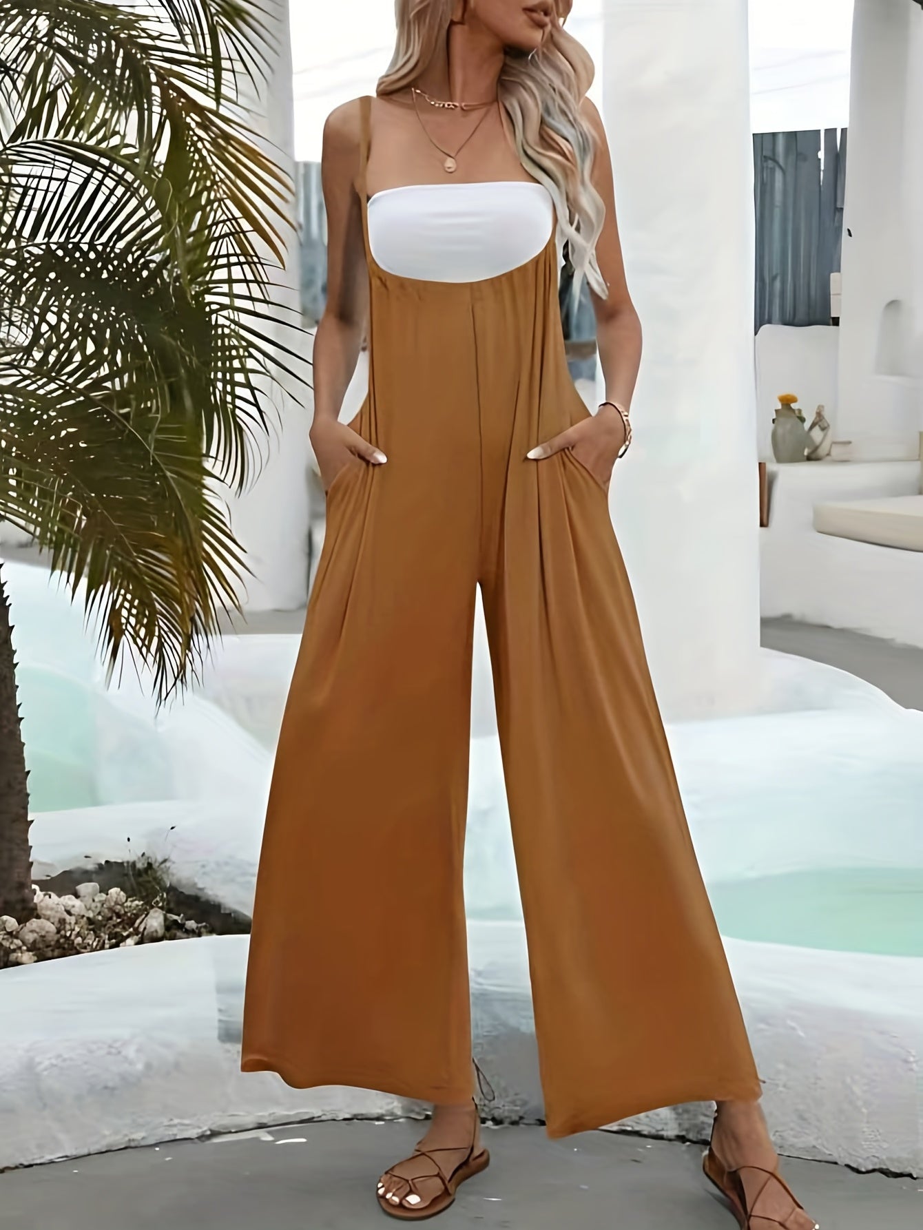 Casual Sleeveless Spaghetti Jumpsuit Long Wide Leg
