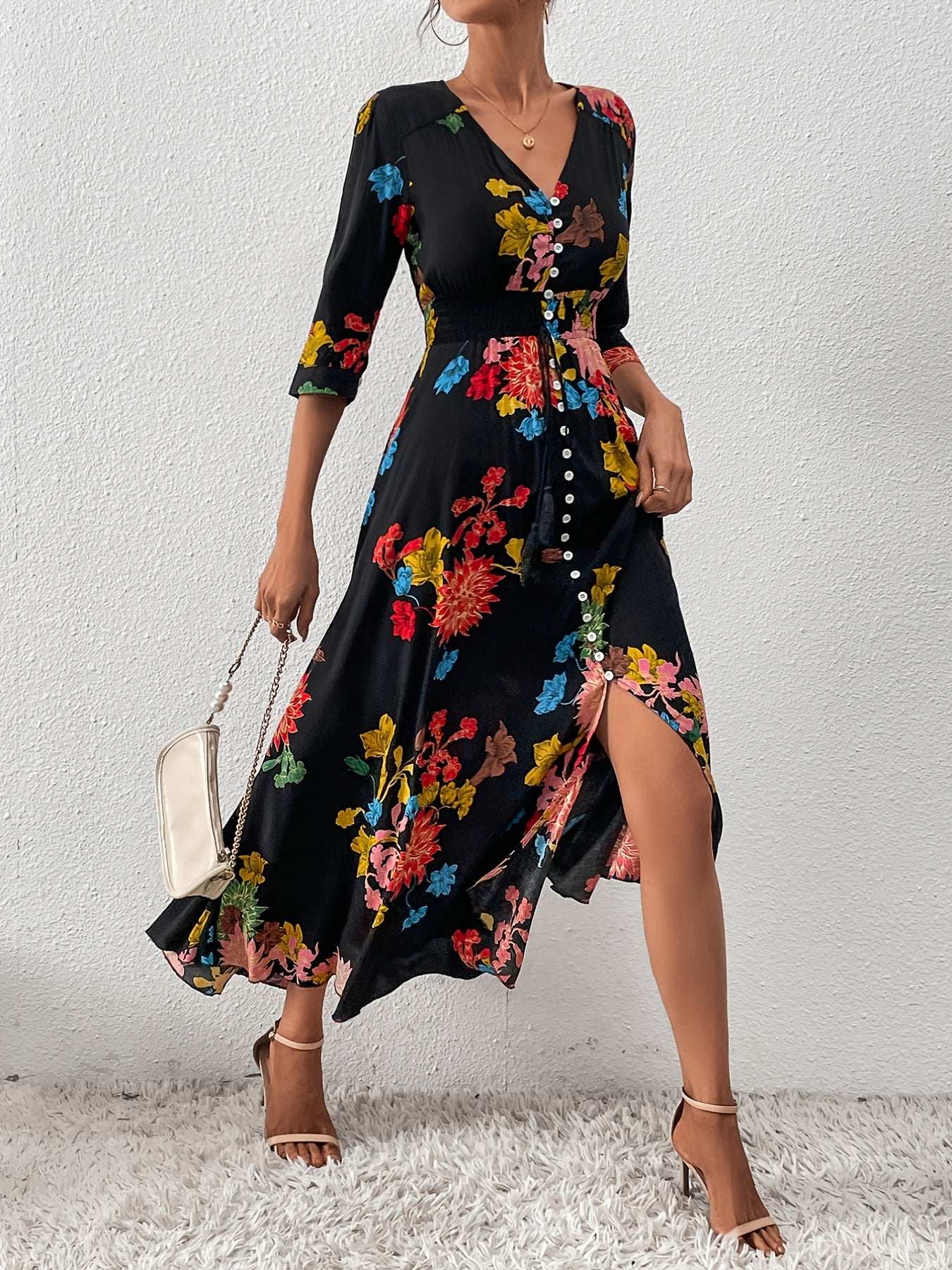 Floral Print Dress V Neck Short Sleeve Dress Casual Every Dress Women's Clothing