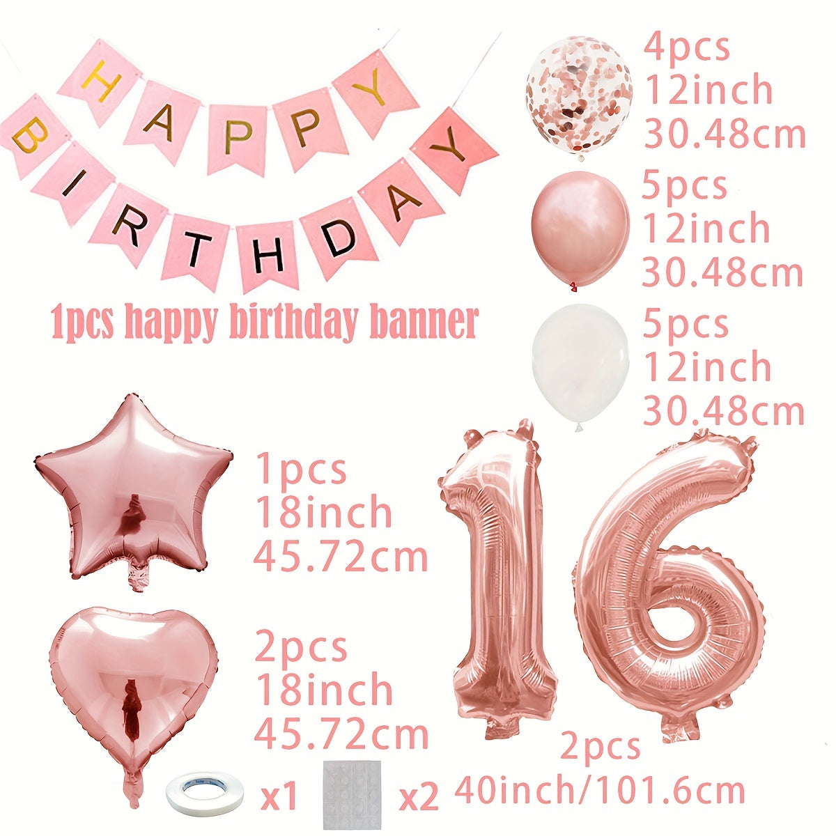 Rose Golden Birthday Balloons Set with Pull Flag