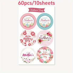 60pcs Heart Shaped Mother'S Stickers with Floral Designs and Messages