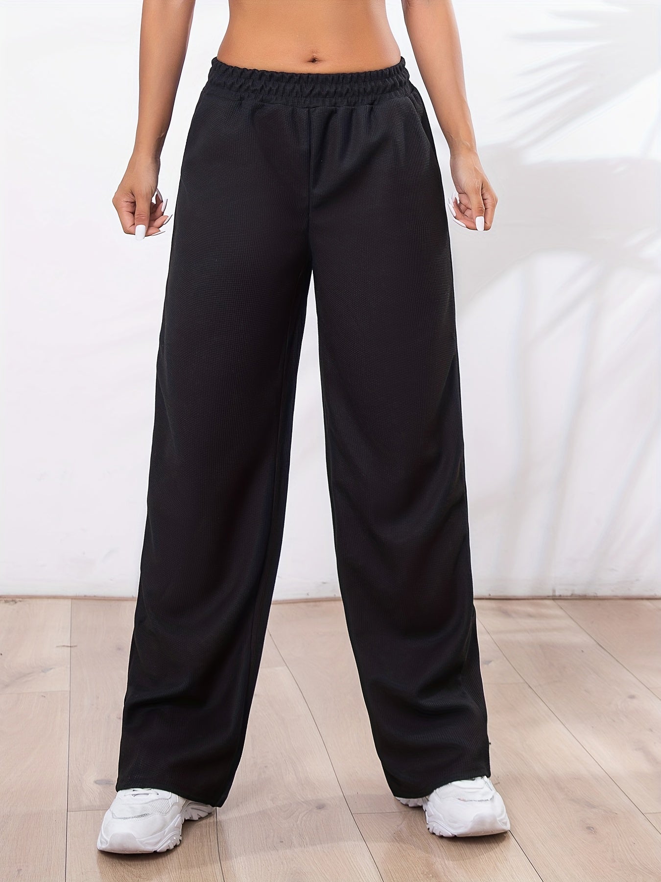 Solid Elastic Waist Straight Leg Pants Casual Loose Drape Pocket Pants