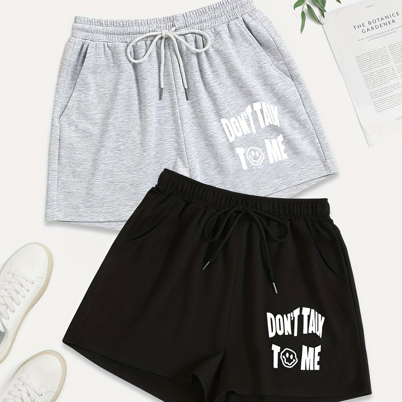 2 Pack Women's Plus Size Casual Drawstring Shorts Set