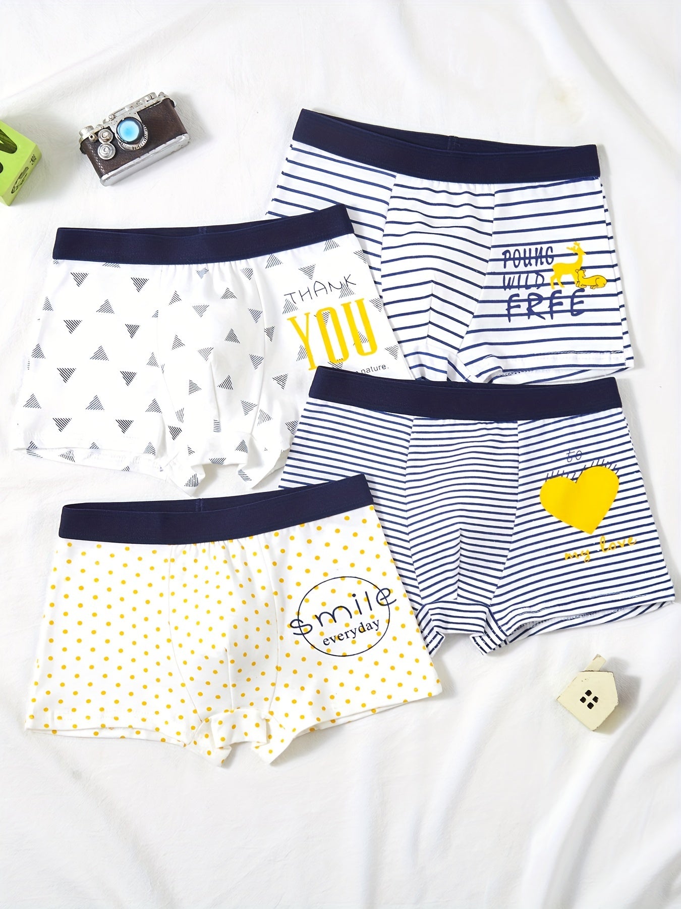 4pcs Boys Boxer Briefs Elastic Waist Stripe Polka Dot Print Soft Underwear