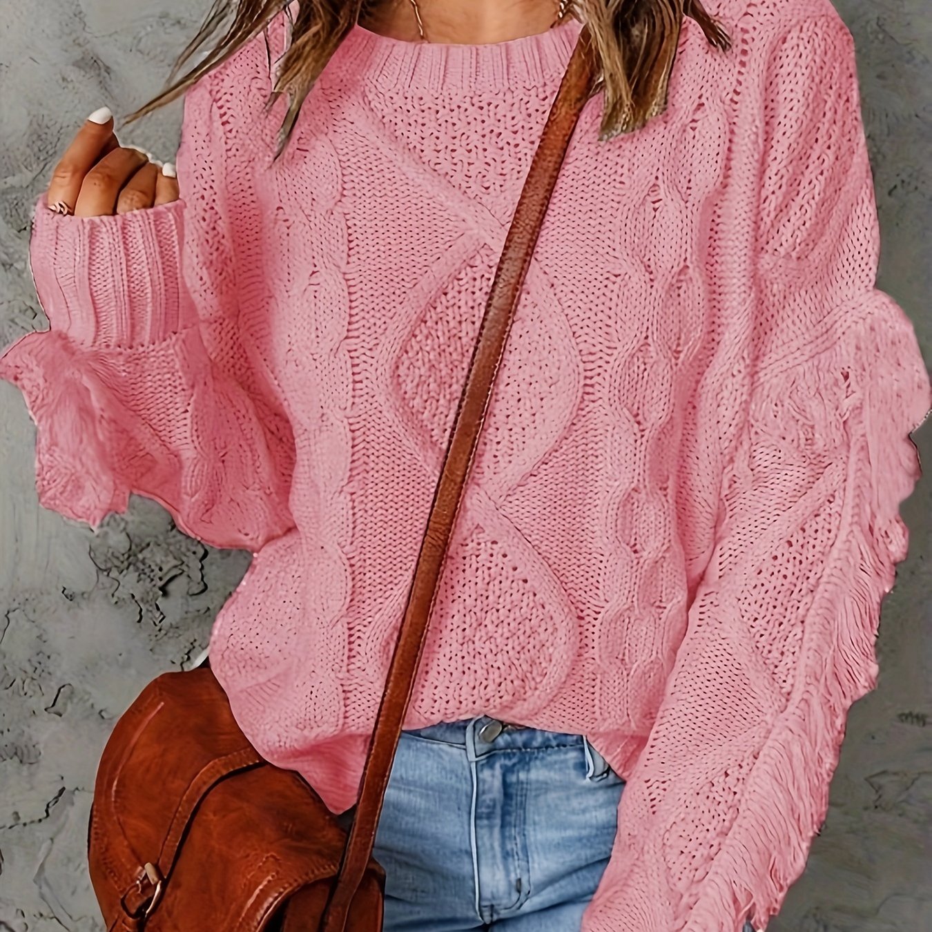 Solid Cable Long Sleeve Sweater with Fringe Trim