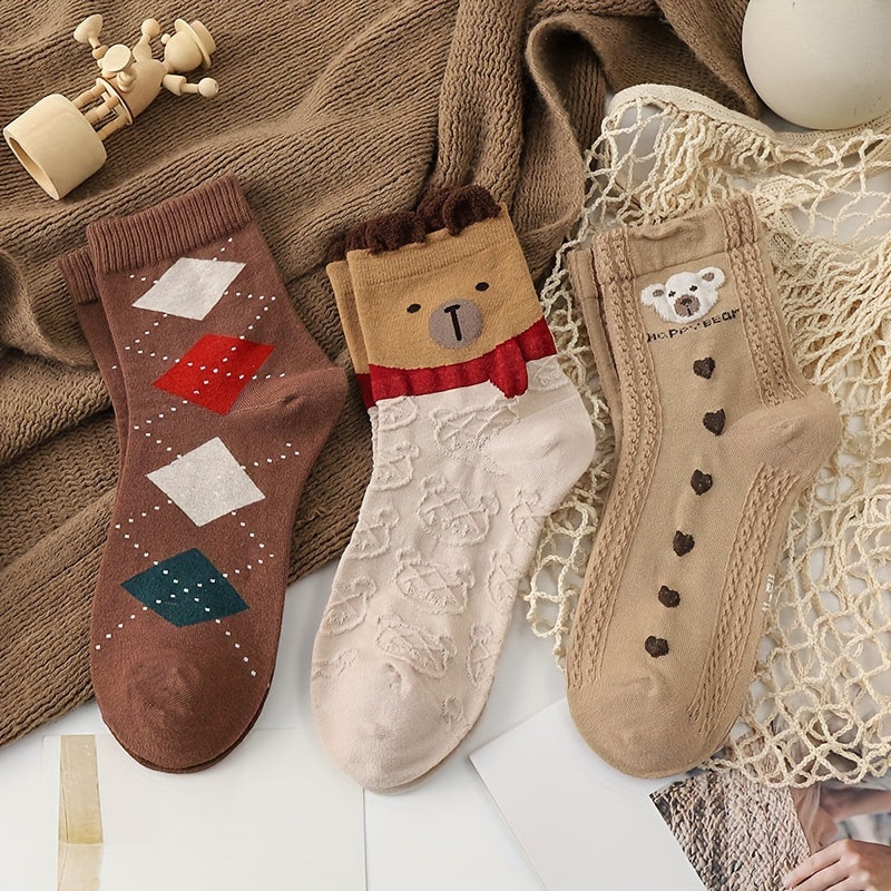 5 Pairs Textured Bear & Geometric Pattern Socks Women's Stockings