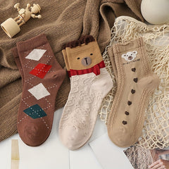 5 Pairs Textured Bear & Geometric Pattern Socks Women's Stockings