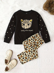 Leopard Pattern Pajamas 2pcs Set Long Sleeve Top & Pants Girl's Loungewear