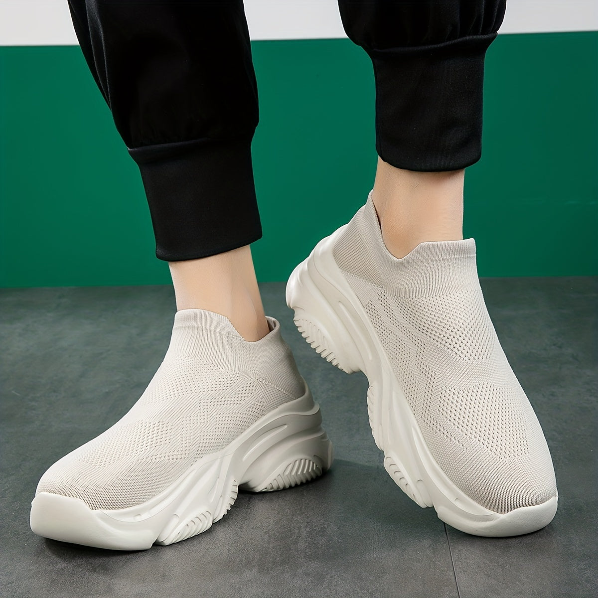 Beige Low Top Socks Sneakers Woven Chunky Slip On Running Shoes