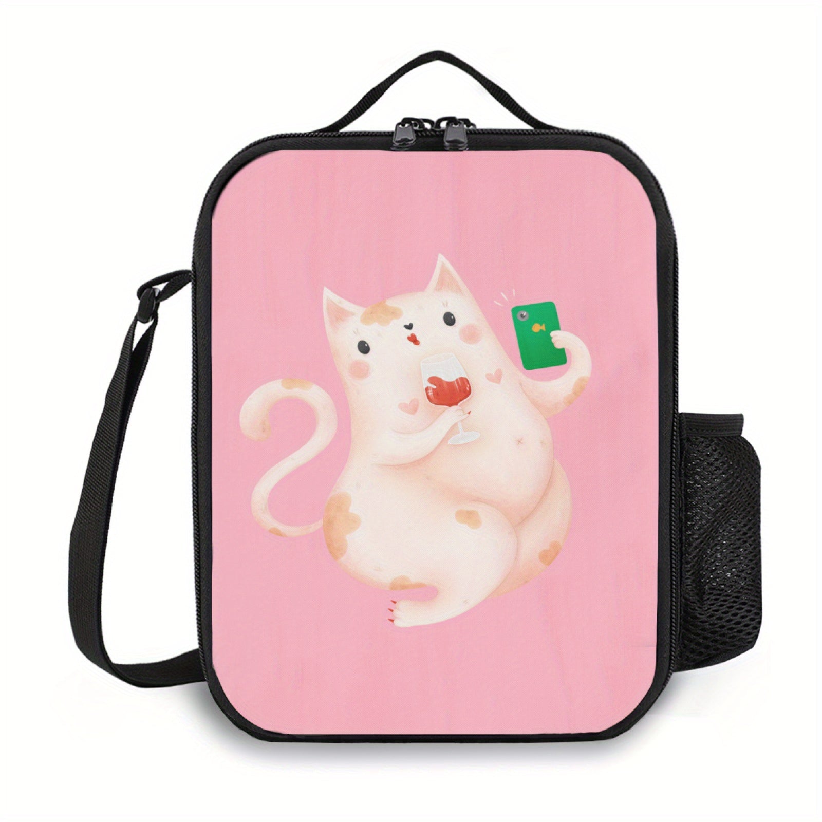 3D Cat & Wine Printed Lunch Bag - Funny Pattern Teen Lunch Tote Box