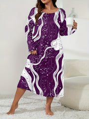 Lounge Dress Women's Plus Random Print Long Sleeve Crew Neck Sleep Dre