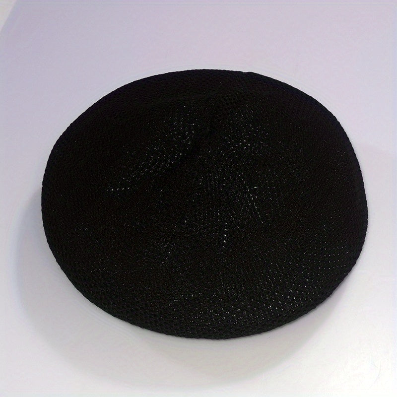 Casual Crochet Beret Solid Mesh Breathable Beanie Octagonal Hat Vintage