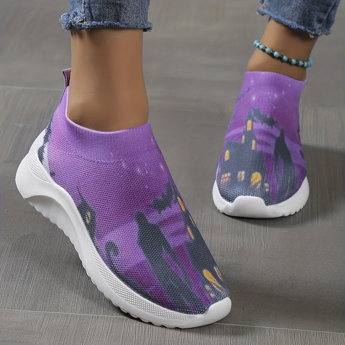Women's Cat Print Casual Sock Shoes Low Top Sneakers