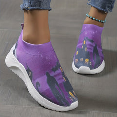 Women's Cat Print Casual Sock Shoes Low Top Sneakers