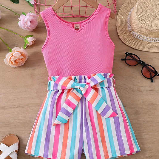 2pcs Toddler Girls Tank Top & Striped Shorts Set Summer Clothes