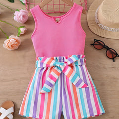 2pcs Toddler Girls Tank Top & Striped Shorts Set Summer Clothes