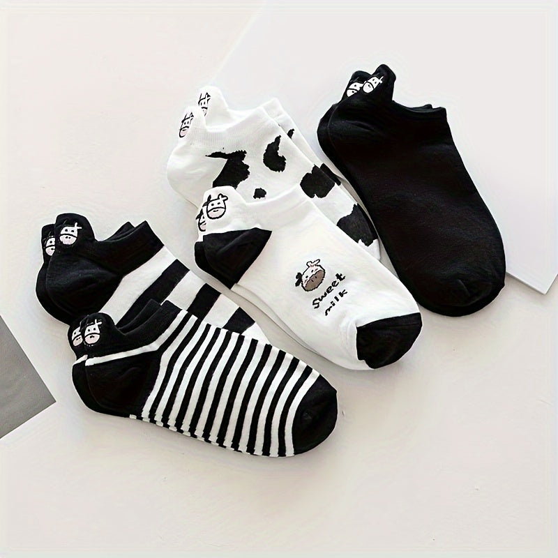10 Pairs Cartoon Cow Print Socks & Low Cut Ankle Socks Women's Stockings