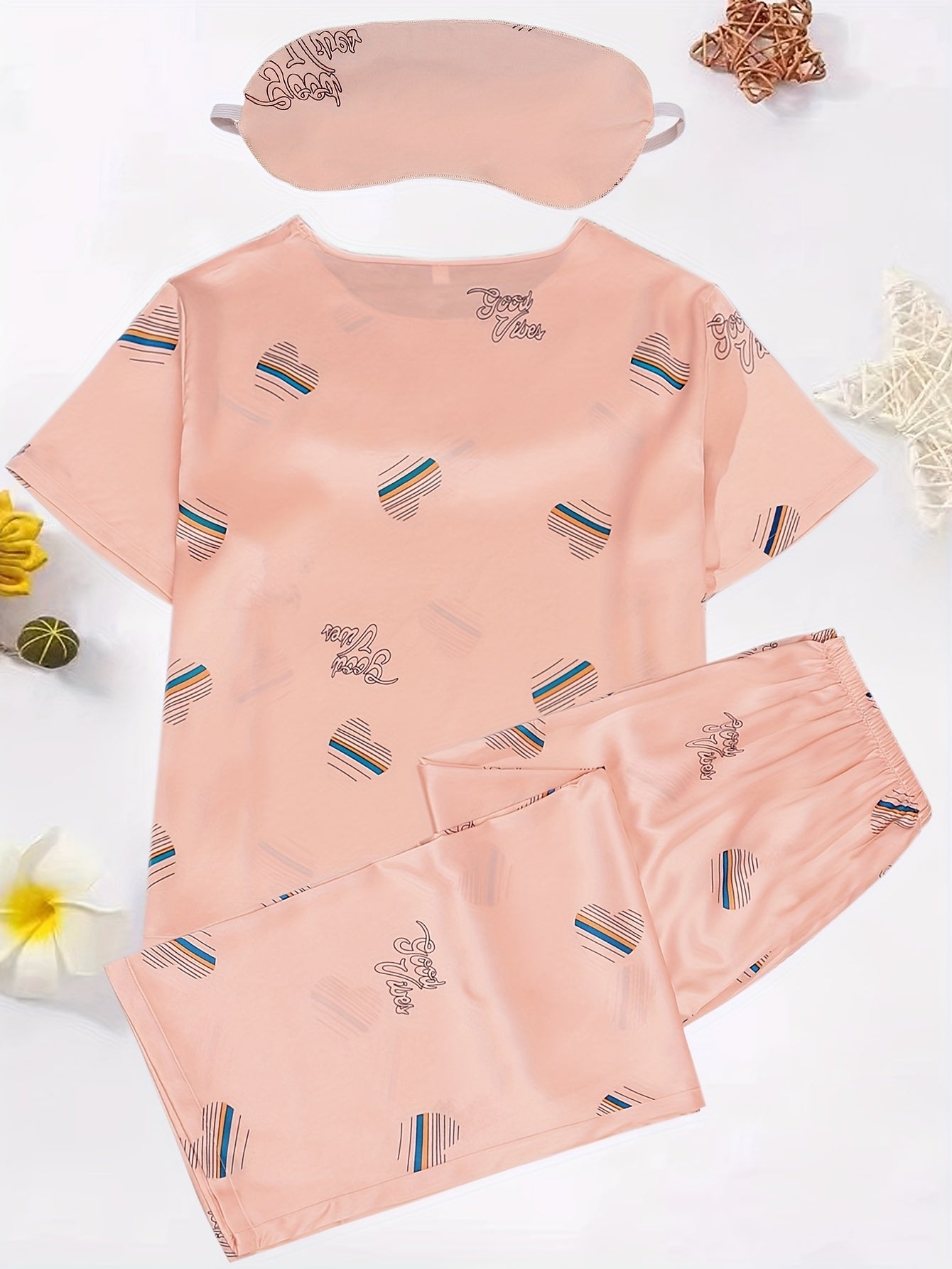 Heart Print Satin Pajama Set with Eye Mask