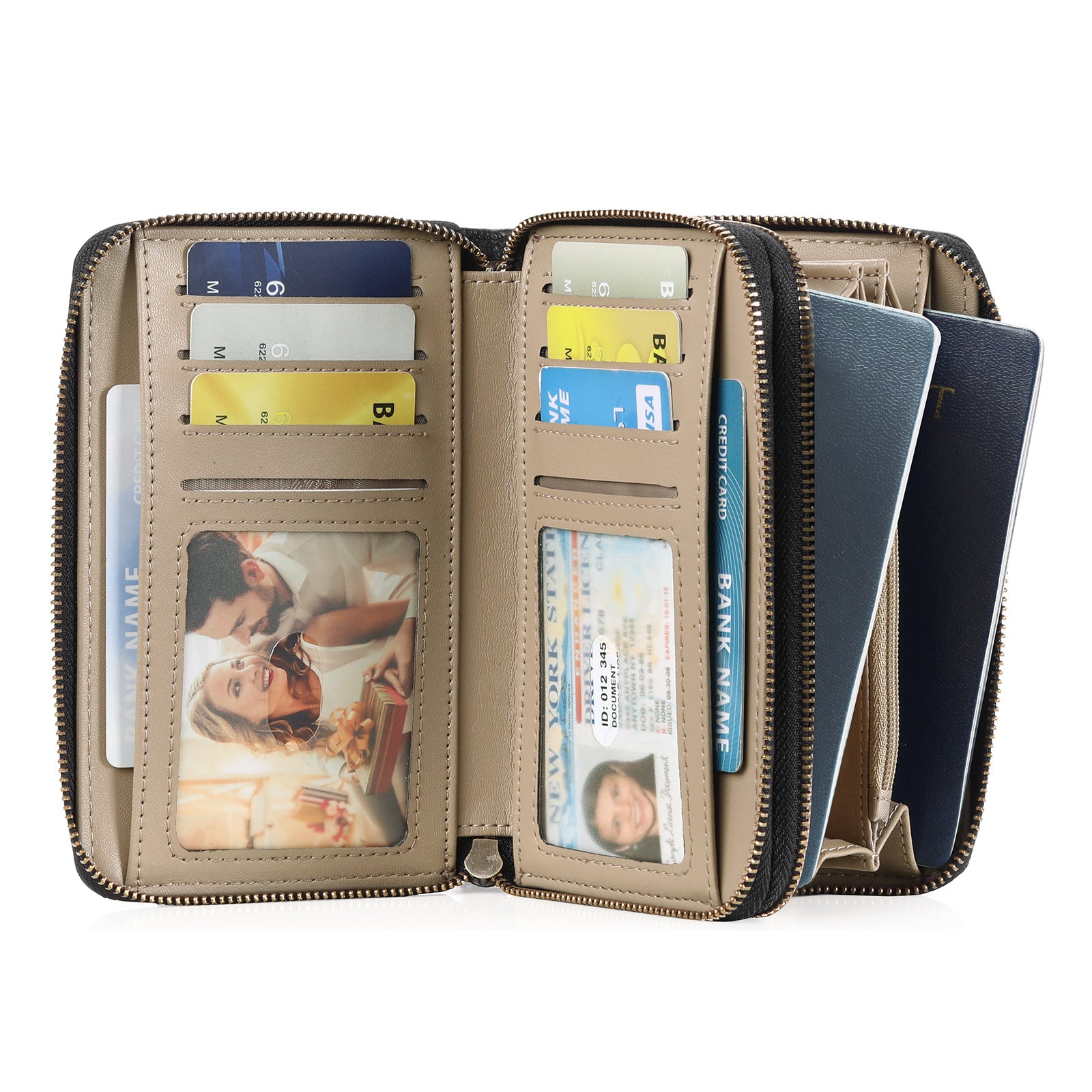 Classic Leather Wallet with Strap & Dual Zipper Closure