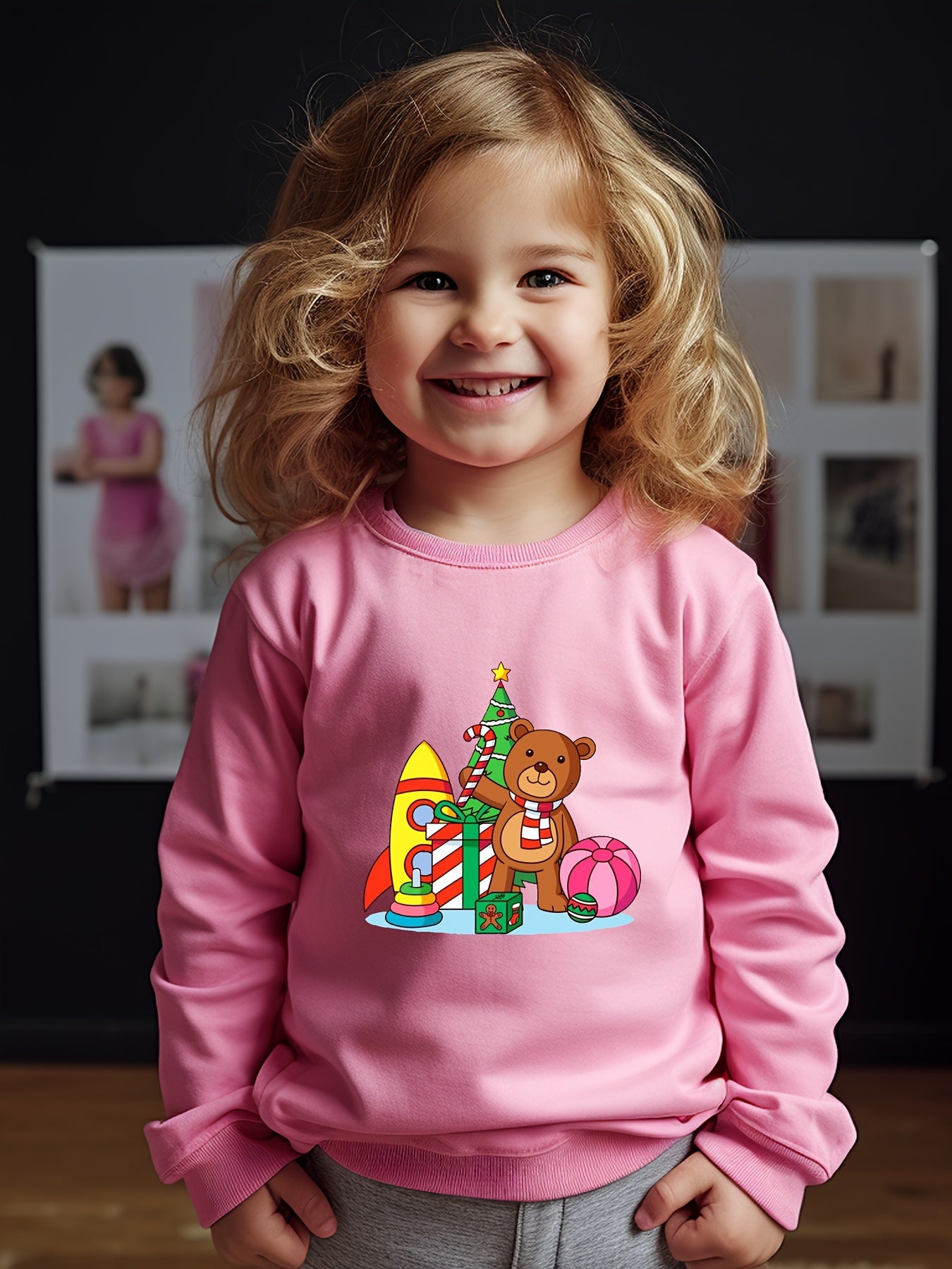 Christmas Bear Print Girls Pullover Sweatshirt Long Sleeve Crew Neck Tops
