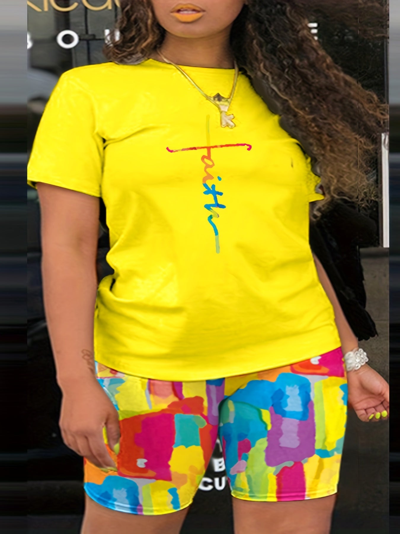 Faith Letter Print Tee & Full Printed Shorts Set