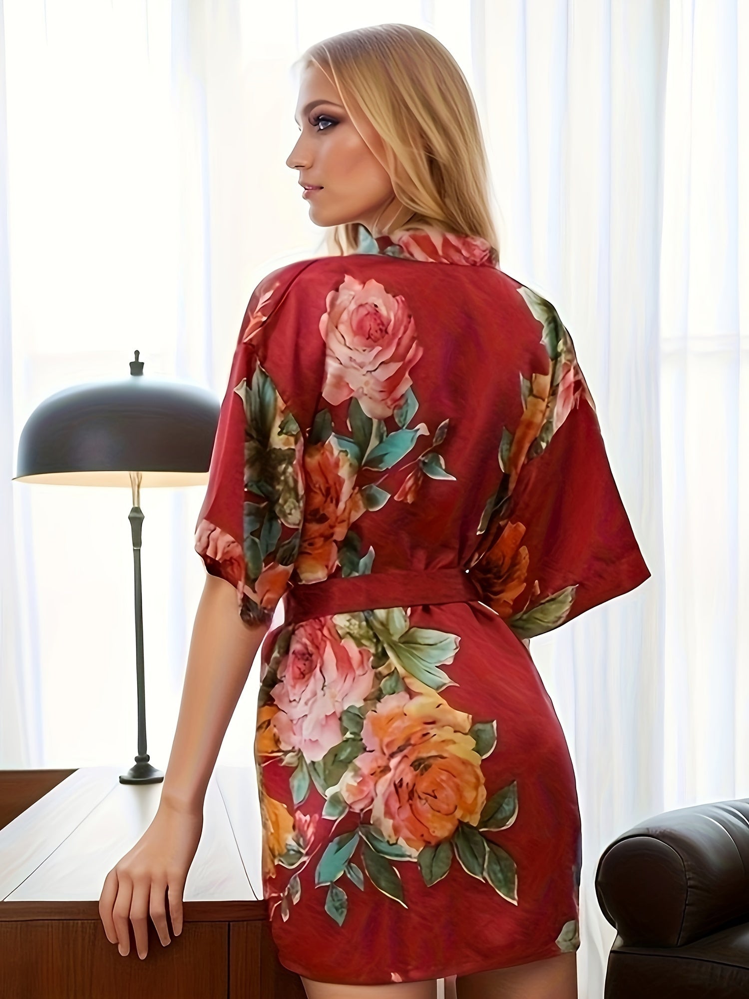Floral Print V-Neck Night Robe with Belt