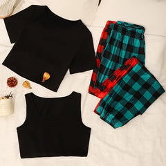 Women's Pajama Set Short Sleeve Top & Plaid Lounge Pants