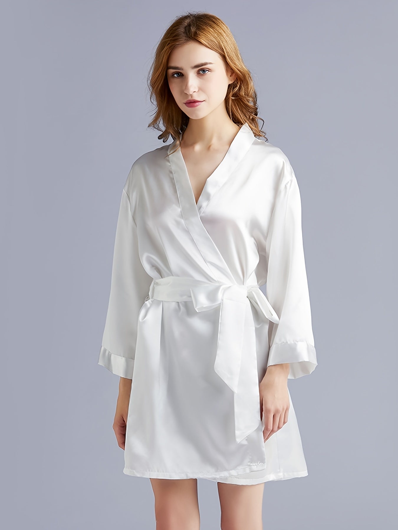 Solid Kimono Robe Embroidery Queen Short Robe With Belt