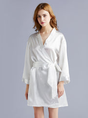 Solid Kimono Robe Embroidery Queen Short Robe With Belt