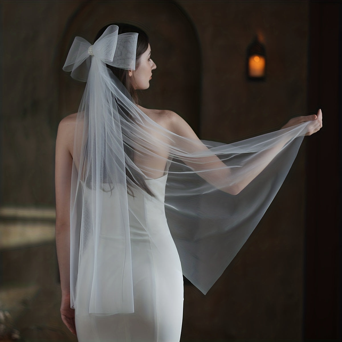 Large Bow Long Veil Faux Pearl Hair Accessories