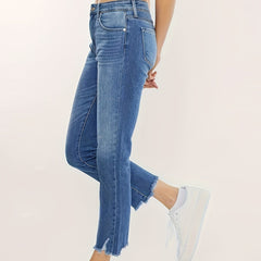 Plus Washed Button Fly Fringe Trim High Stretch Straight Leg Jeans
