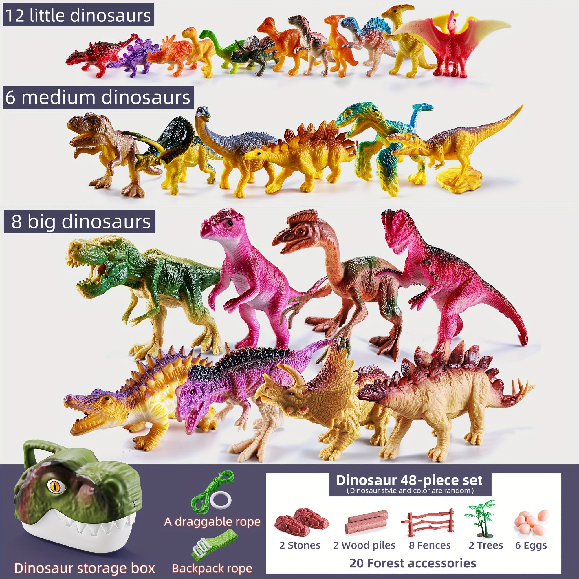 48pcs Dinosaur Playset Realistic Figures Eggs Trees Fence Educational Toy Green