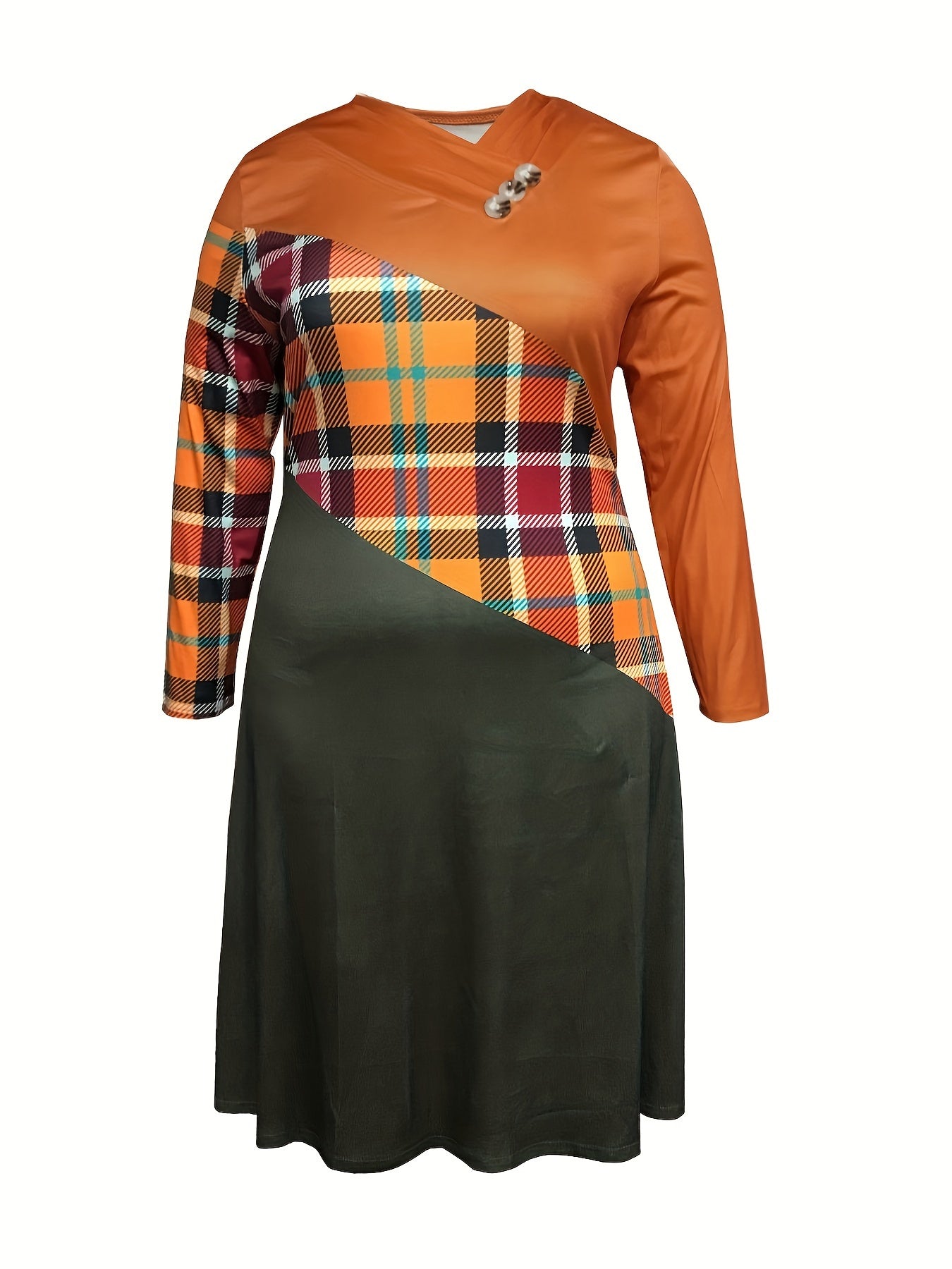 Colorblock Plaid Print V-Neck Dress