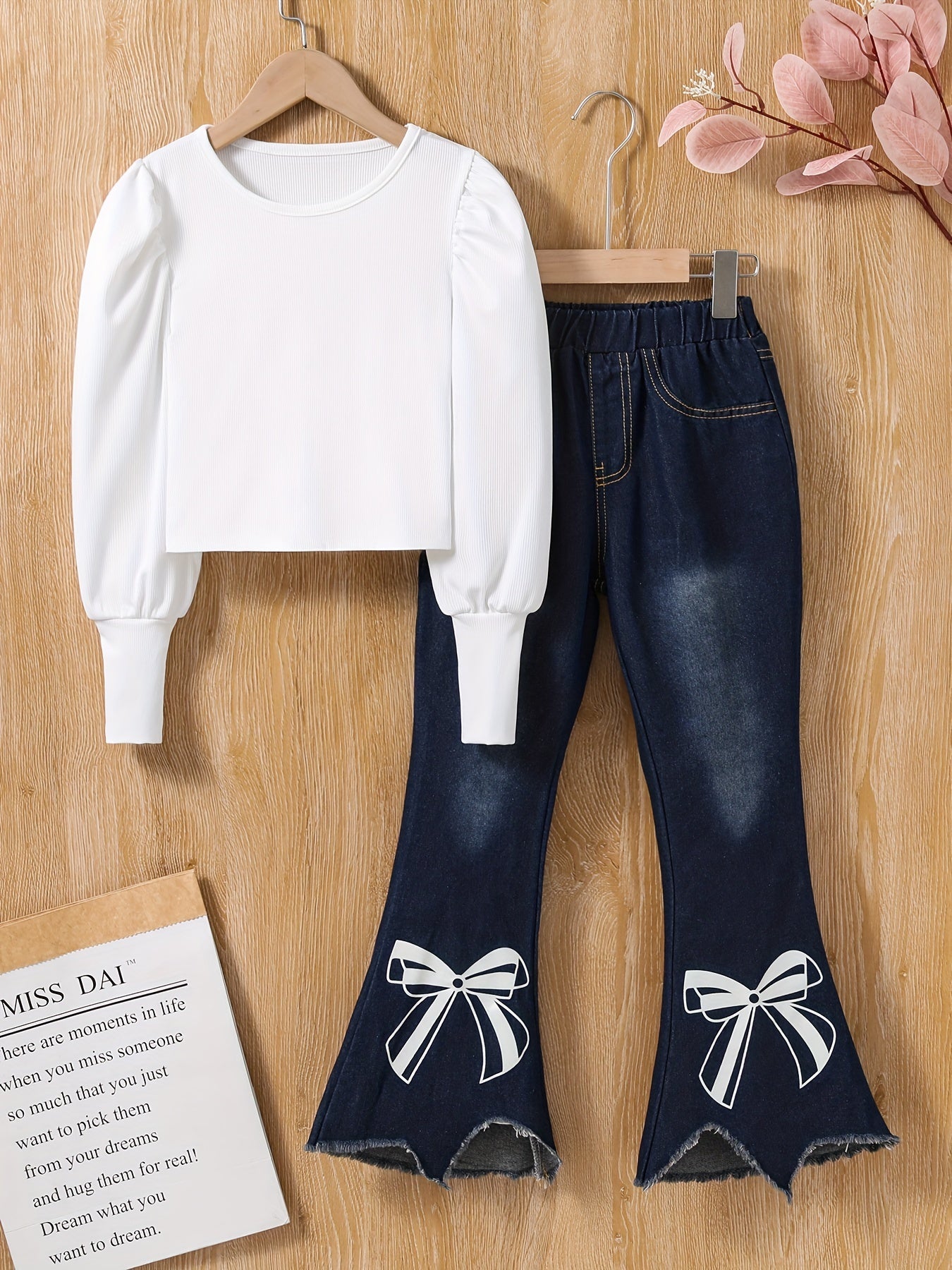 Girl's Denim Outfit 2pcs Top & Flared Jeans Set for Spring Fall