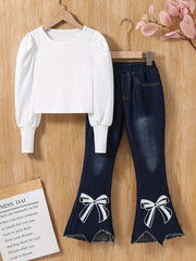 Girl's Denim Outfit 2pcs Top & Flared Jeans Set for Spring Fall