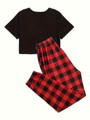 Casual Lounge Set Solid Crop Top & Plaid Joggers Pajamas