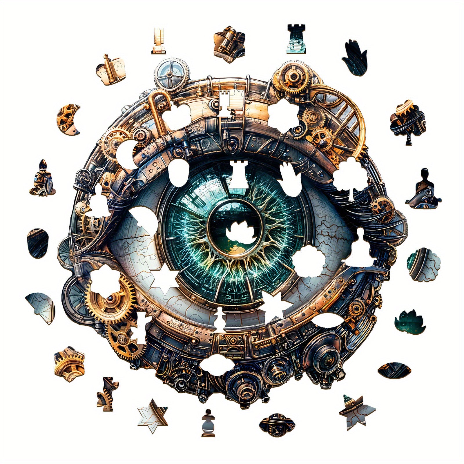 Steampunk Mechanical Eye Wooden Jigsaw Puzzle - Unique Animal Shapes