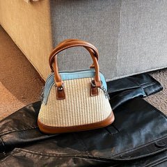 Colorblock Straw Satchel Bag Zipper Shoulder Chain Handbag