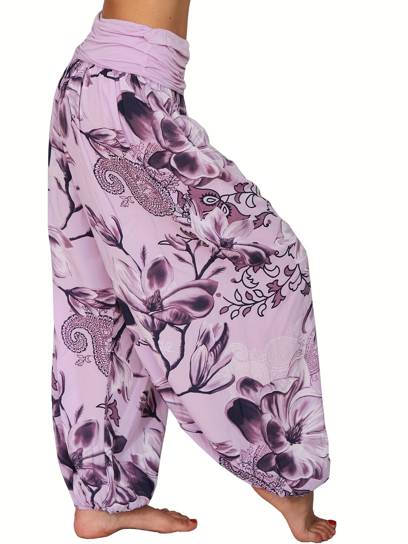 Boho Floral Print Pants Elastic Waist Vacation Harem Pants