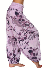 Boho Floral Print Pants Elastic Waist Vacation Harem Pants