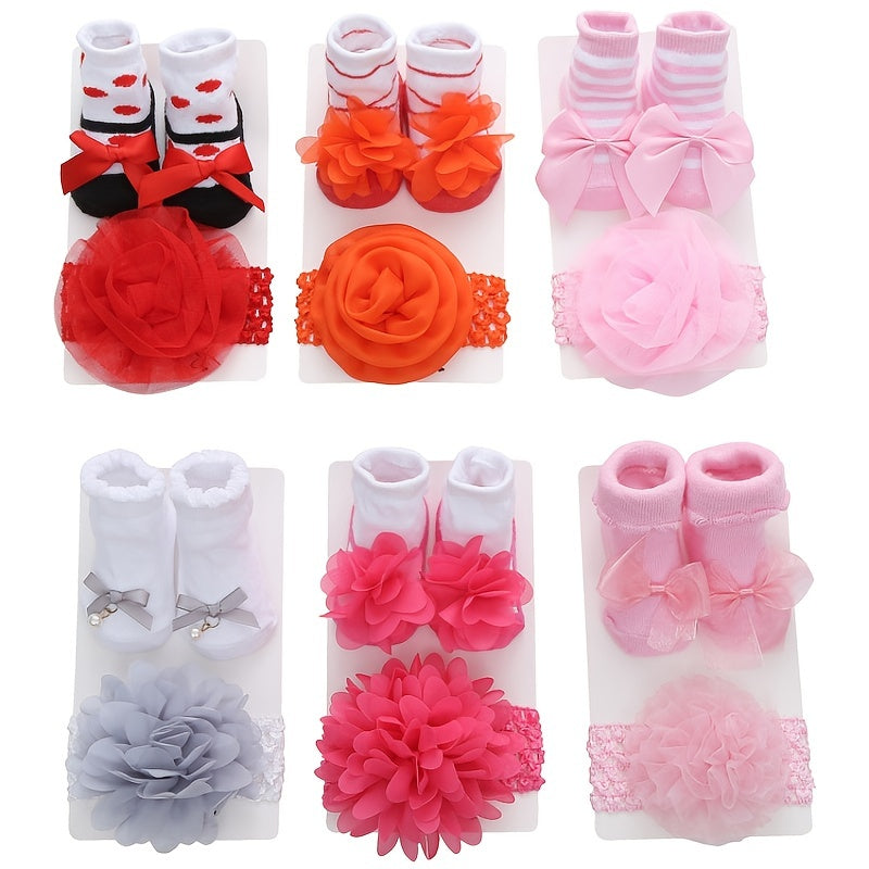 Baby Girls Bow Flowers Decor Sock & Headband Set For Infants