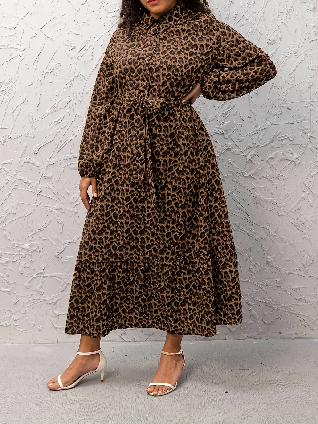 Leopard Print Long Sleeve Maxi Shirt Dress With Belt