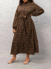 Leopard Print Long Sleeve Maxi Shirt Dress With Belt