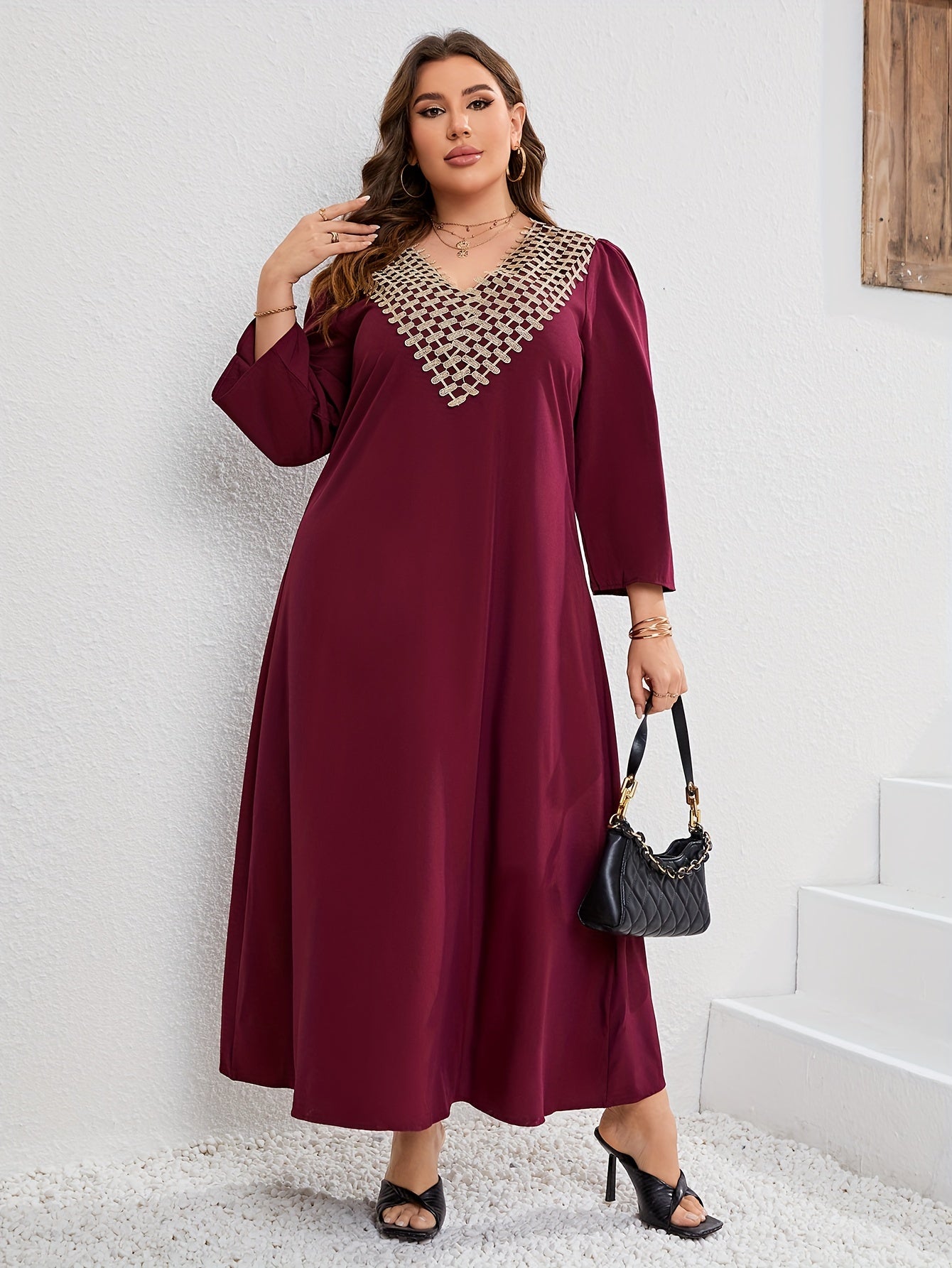 Solid Applique Long Sleeve V Neck Maxi Dress