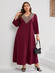 Solid Applique Long Sleeve V Neck Maxi Dress