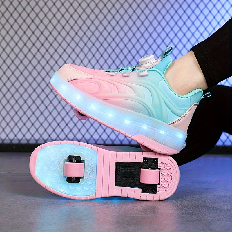 Girl's LED Roller Shoes w/ Rotating Buckle Detachable Wheels Skate Sneakers