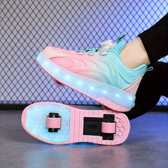 Girl's LED Roller Shoes w/ Rotating Buckle Detachable Wheels Skate Sneakers