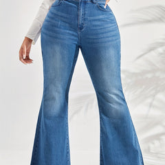 Washed Button Fly Flared Leg Jeans with Fringe Trim